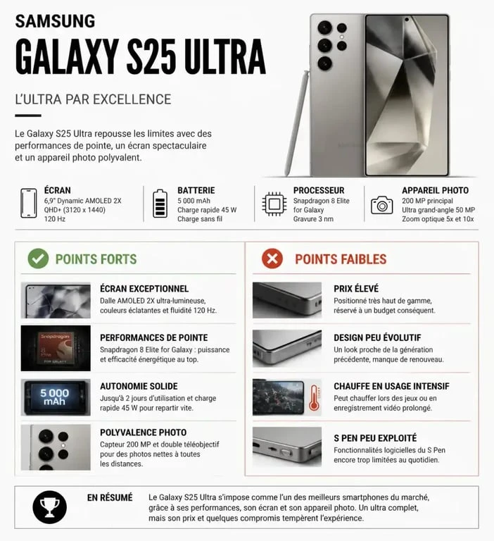 Infographie des points forts et points faibles du Samsung Galaxy S25 Ultra pour un avis complet.