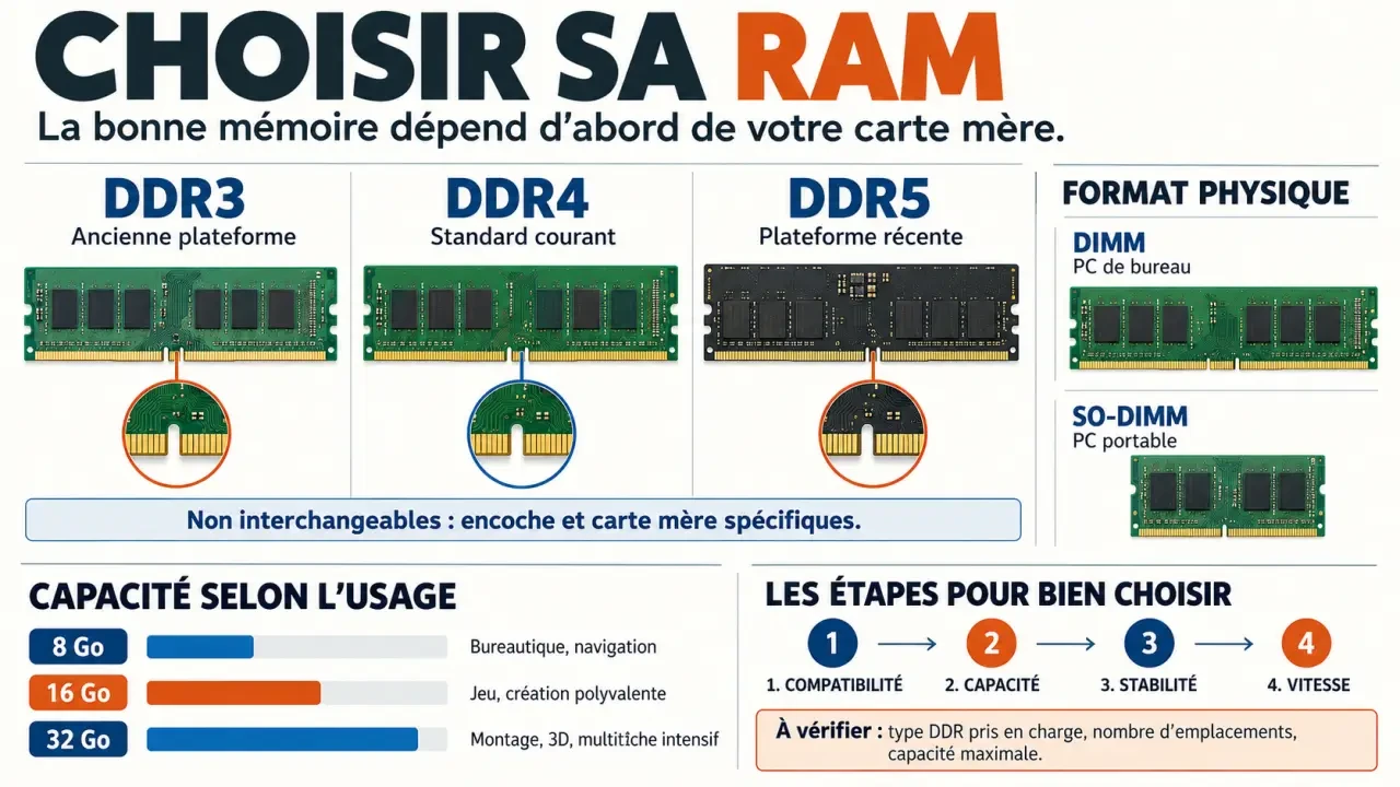 Quelle RAM choisir : comparaison des générations DDR, formats et capacités selon l’usage