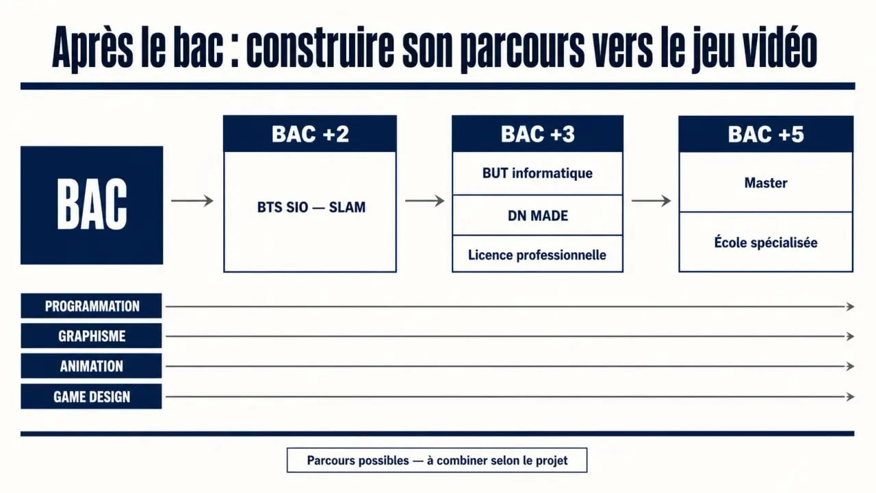Infographie BTS jeux vidéo : parcours de formation et poursuites d’études vers le jeu vidéo