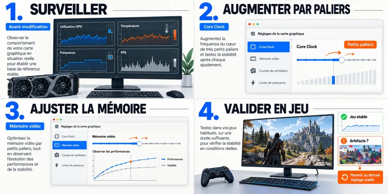 Illustration des étapes pour comprendre comment overclocker sa carte graphique en surveillant les fréquences, températures et performances