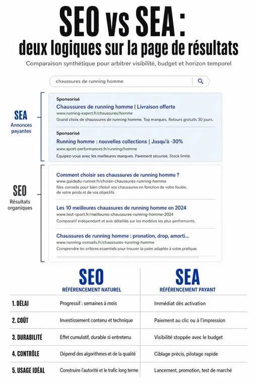 SEO SEA définition : infographie comparative entre référencement naturel et référencement payant