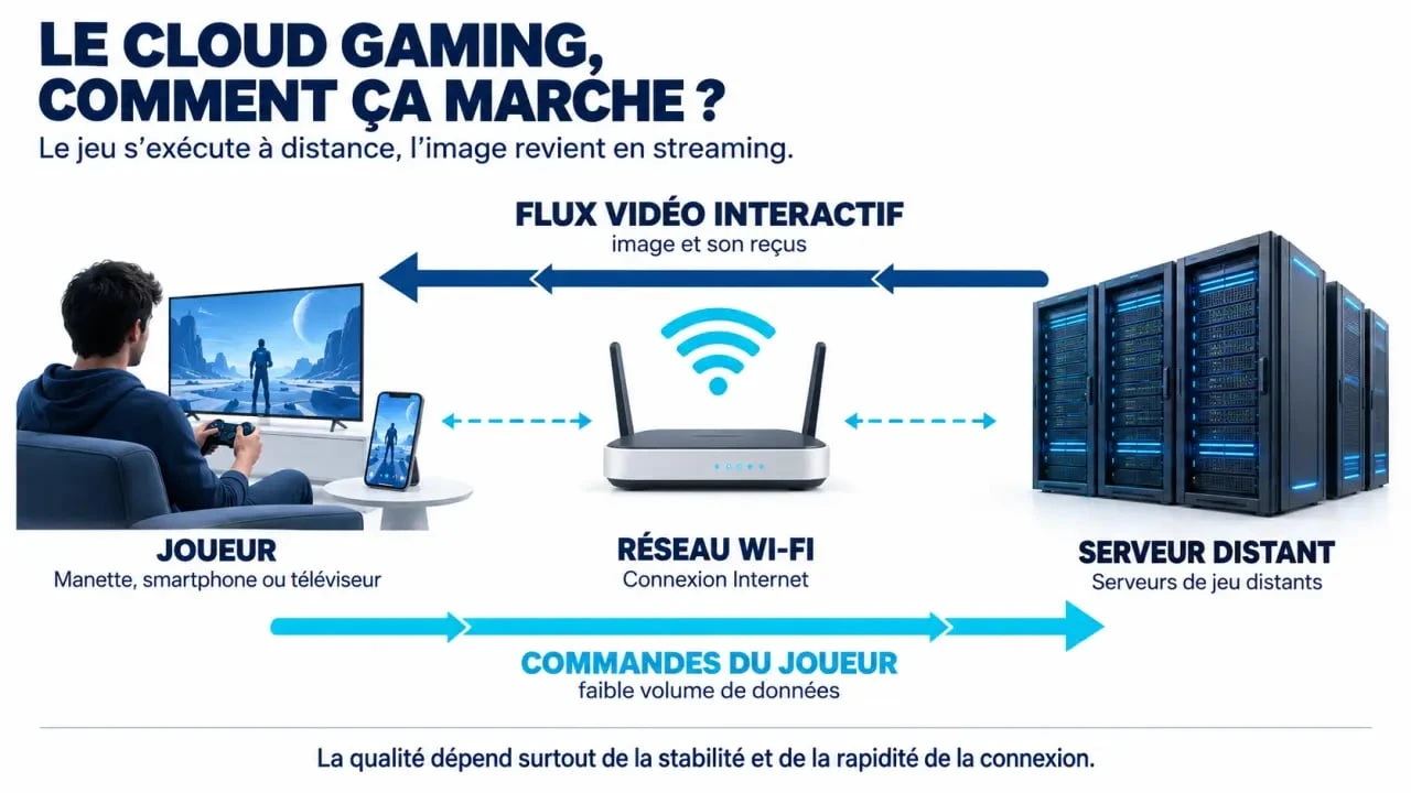 Schéma du fonctionnement de l’i cloud gaming entre la manette, le réseau et le serveur distant