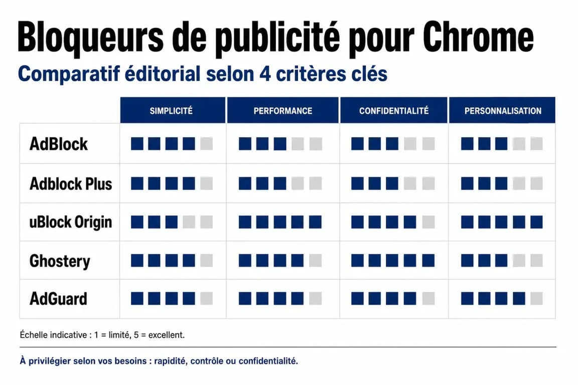 Comparatif du meilleur adblock pour chrome selon la simplicité, la confidentialité et les performances