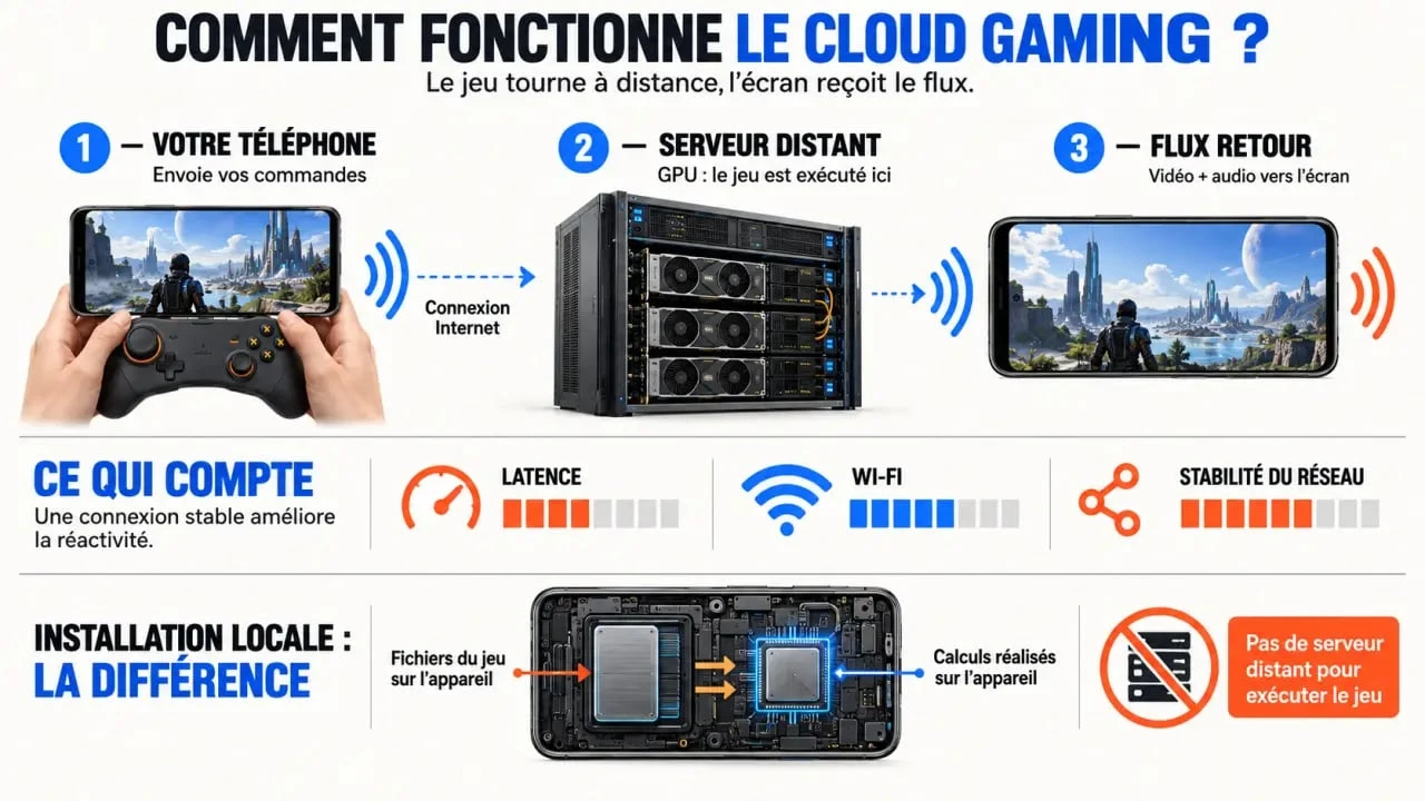 Schéma du fonctionnement de CloudMoon gaming avec serveur distant, flux vidéo et commandes via Internet