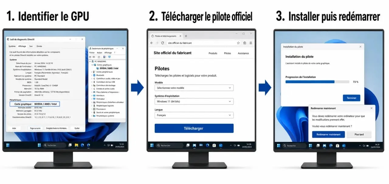 comment mettre a jour sa carte graphique : trois étapes sous Windows avec DxDiag, site officiel et installation du pilote