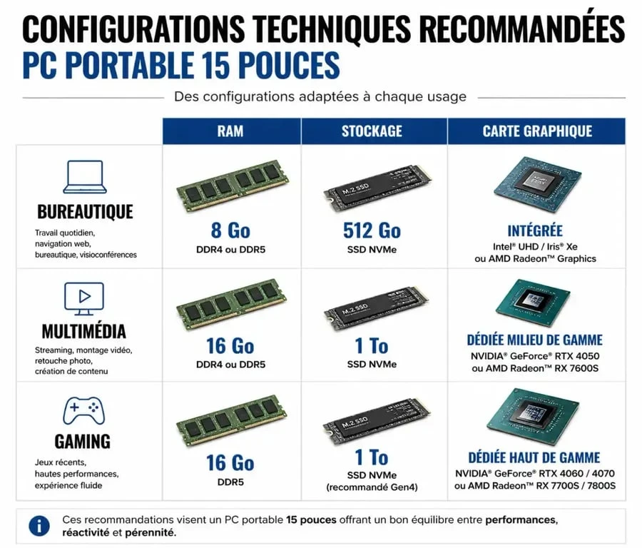 Infographie des configurations recommandées pour un PC portable 15 pouces au meilleur rapport qualité/prix selon l'usage