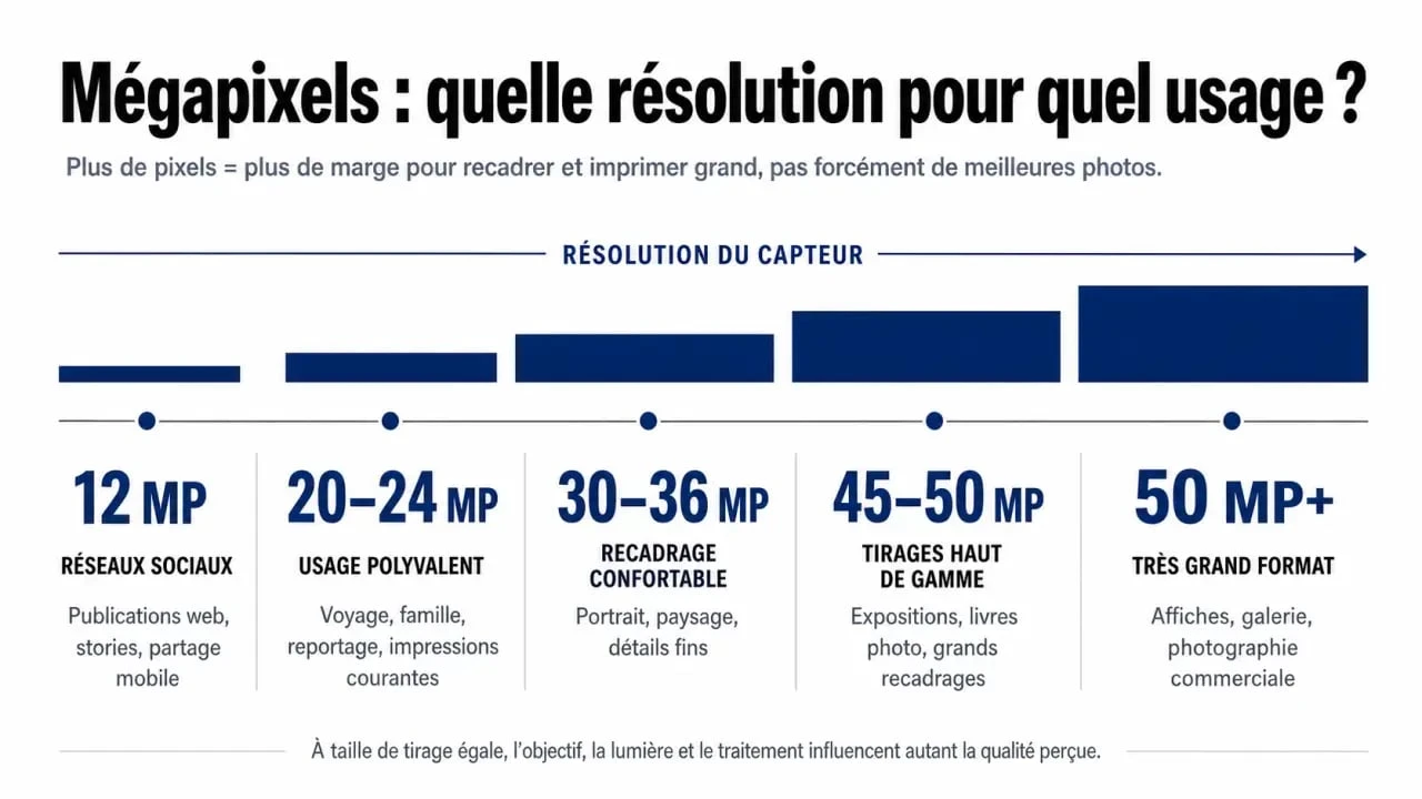 Infographie comparant les besoins en mégapixels pour un bon appareil photo smartphone selon l'usage