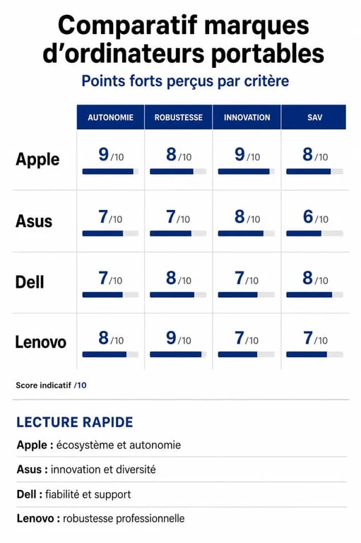 Infographie comparative des meilleures marques de PC portables selon leurs points forts et usage