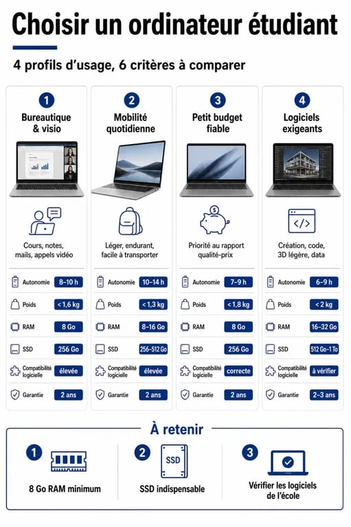 Quel ordinateur pour un étudiant : comparatif visuel des critères à privilégier selon l’usage, le budget et la mobilité