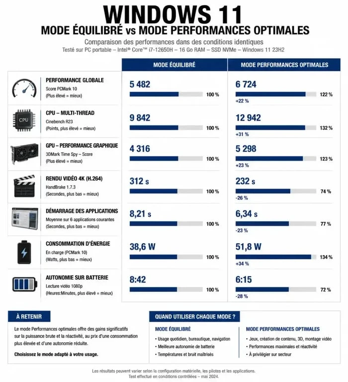 Infographie comparative des modes d'alimentation pour optimiser Windows 11 gaming