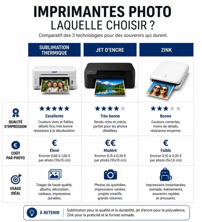 Infographie comparative des technologies d'imprimantes photo : sublimation thermique, jet d'encre et Zink pour choisir son imprimante photo.