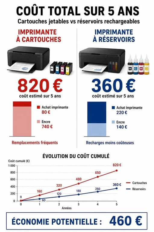 Infographie comparative des coûts d'utilisation entre imprimantes classiques et imprimantes sans cartouche