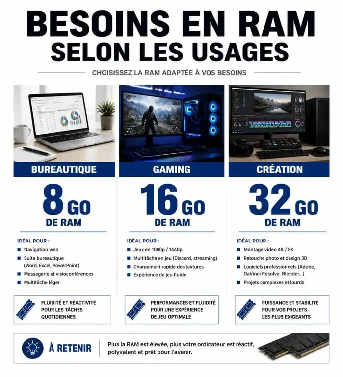 Tableau comparatif des besoins en RAM pour augmenter la RAM de son PC