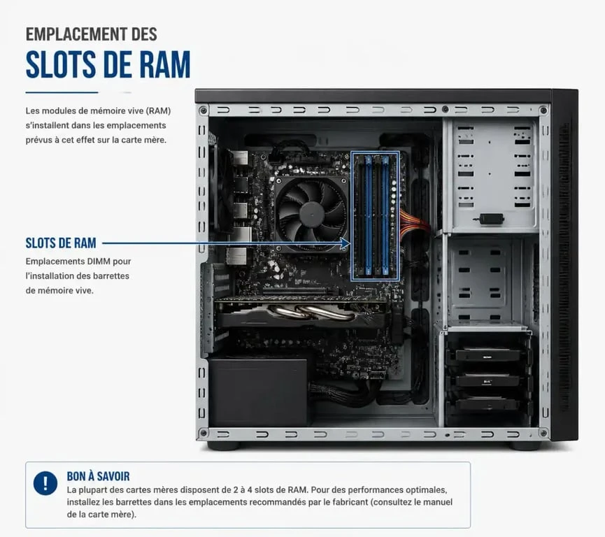 Schéma montrant l'emplacement des slots pour augmenter la RAM de son PC