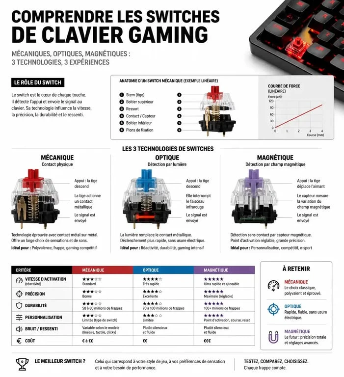 Infographie comparative des technologies de switches pour la meilleure clavier gaming