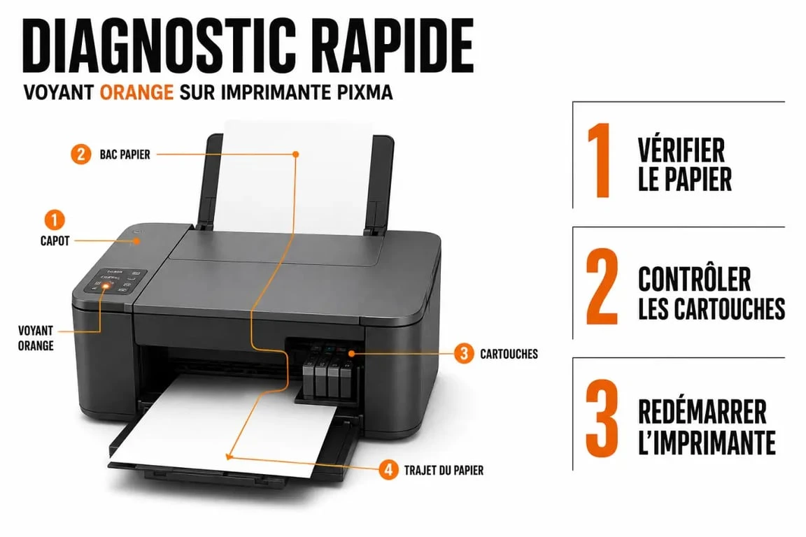 Problème imprimante Canon voyant orange : illustration du diagnostic rapide du voyant orange, du papier et des cartouches