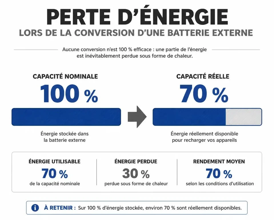 Infographie illustrant la perte d'énergie et la capacité réelle d'une batterie externe pour choisir la meilleure batterie externe.