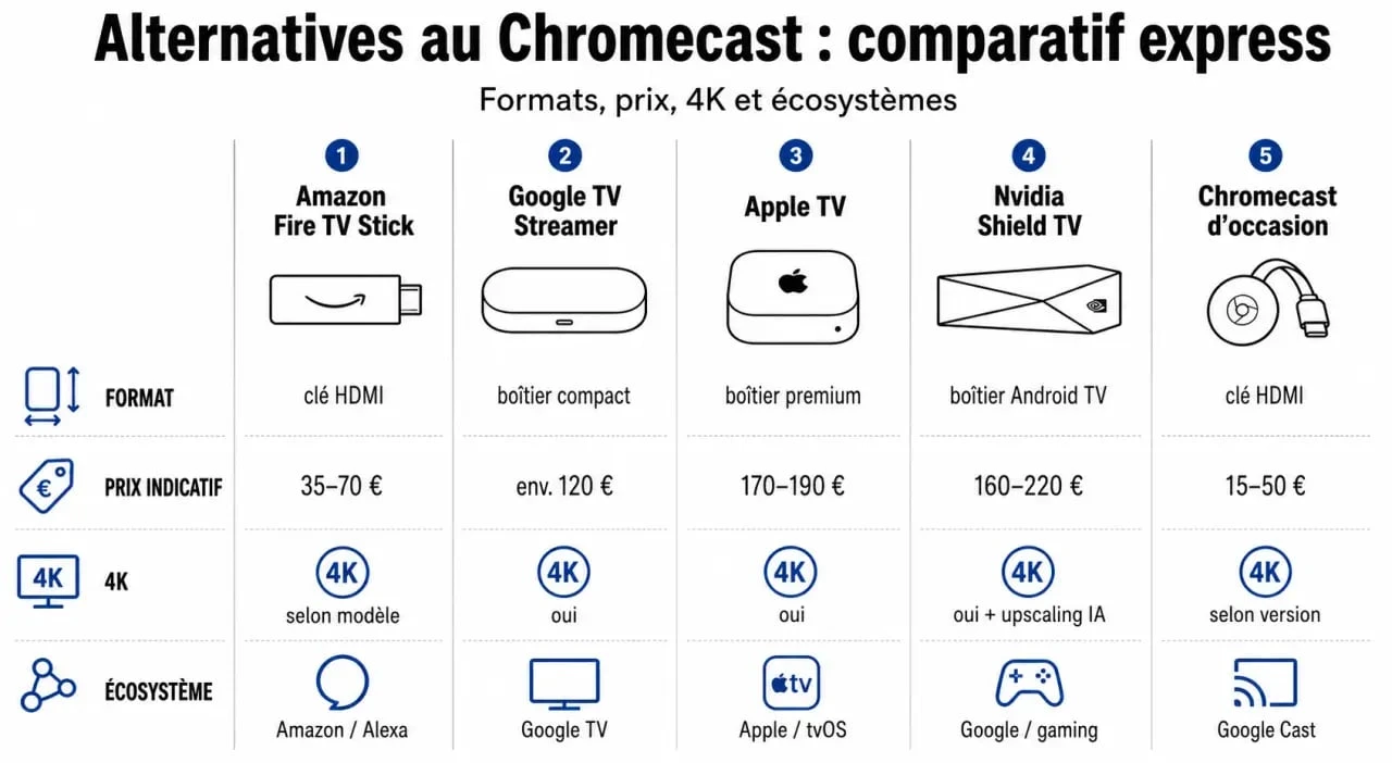 Infographie comparative meilleur chromecast avec les alternatives Fire TV Stick, Google TV Streamer, Apple TV et Nvidia Shield TV
