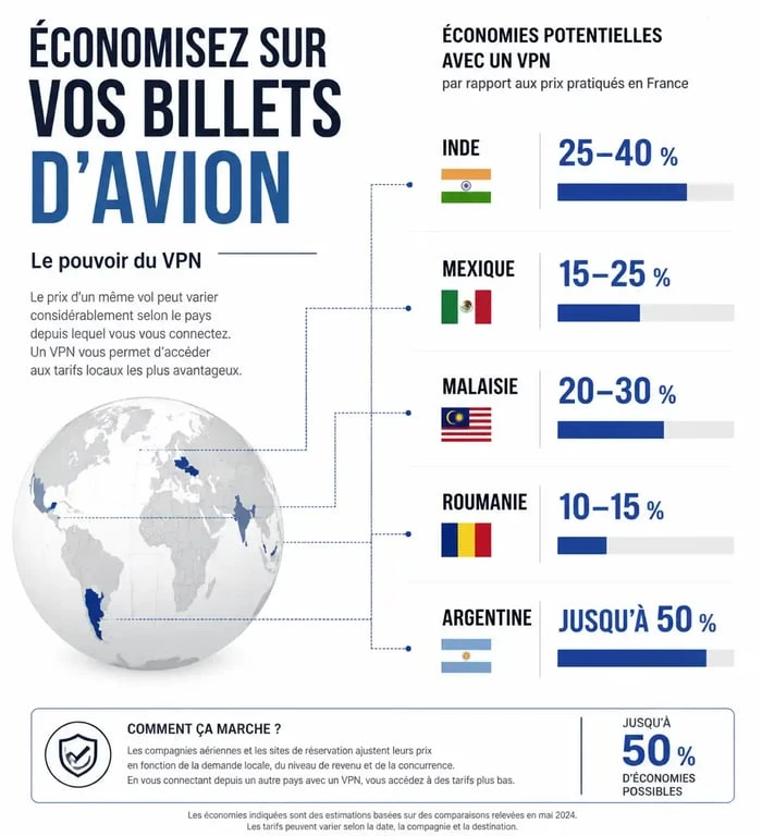 Infographie des économies sur les billets d'avion avec un VPN selon le pays de connexion pour trouver un billet d'avion moins cher