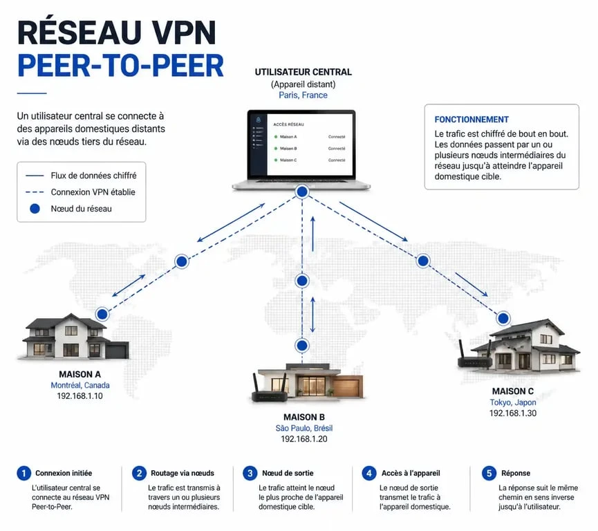 Schéma explicatif du fonctionnement Peer-to-Peer de Urban VPN et ses risques pour la confidentialité
