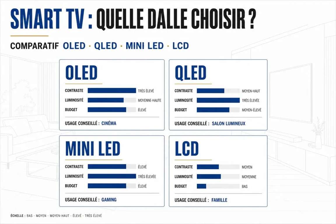 Comparatif meilleur smart tv : OLED, QLED, Mini LED et LCD selon l’usage, la luminosité et le budget
