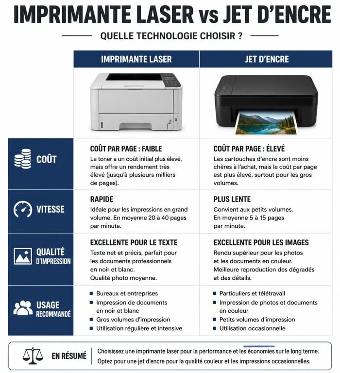 Infographie comparative des meilleures imprimantes multifonctions : laser vs jet d'encre pour choisir son modèle