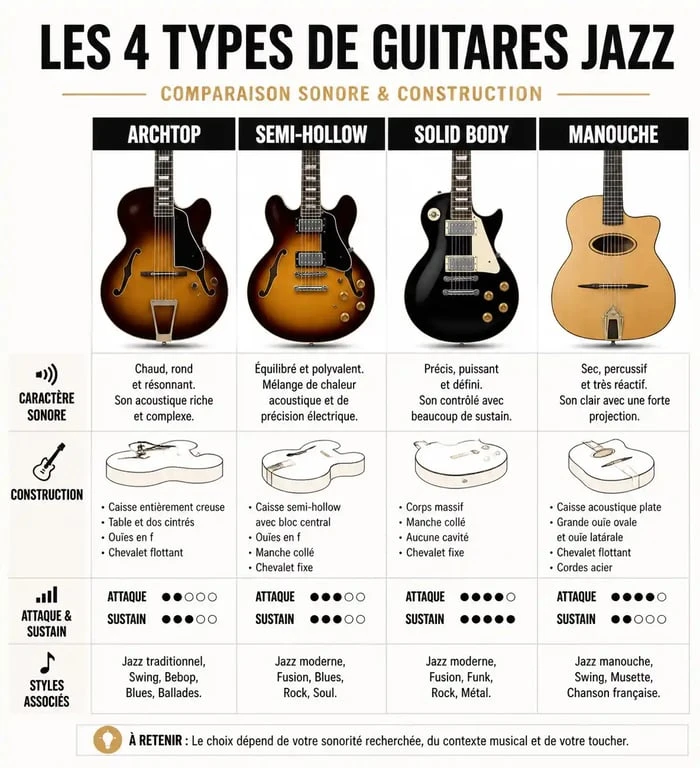 Comparatif des types de guitares pour jazz : Archtop, Semi-Hollow, Solid Body et Manouche